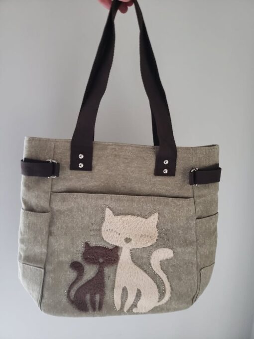 Women's Canvas Shoulder Bag – Cute Cat Tote for Shopping & Casual Use